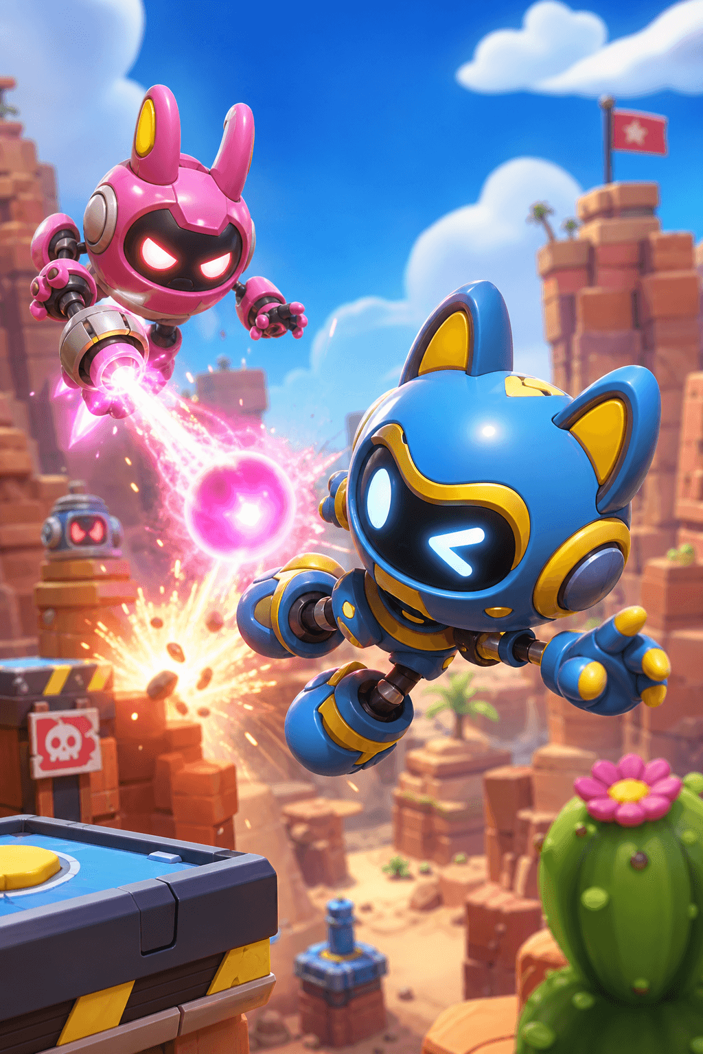 Two catcher-bots battling above the canyon