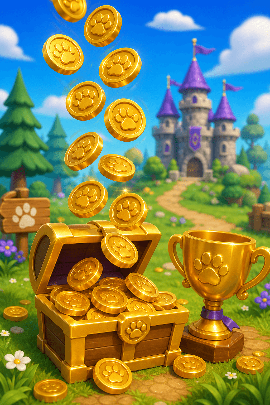 Golden paw coins pouring into a treasure chest