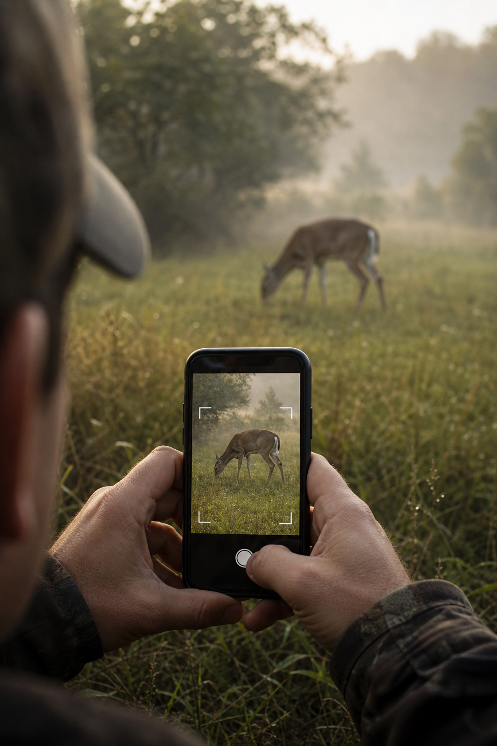 Hands holding an iPhone, camera framing a deer grazing in a misty meadow